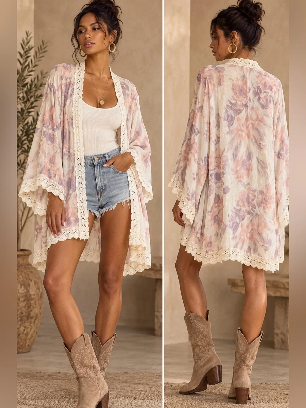 Free People Floral Lace-Trim Kimono Cover-Up - Cream, Pink & Lavender